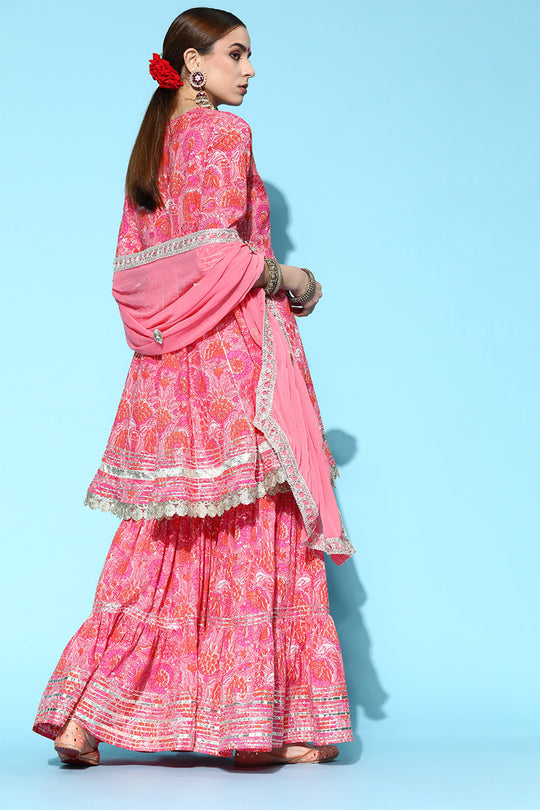 Women's Cotton Pink Kurta Sharara Dupatta Set
