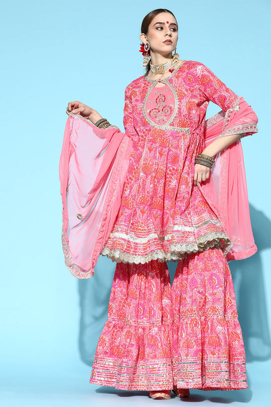 Women's Cotton Pink Kurta Sharara Dupatta Set
