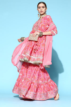 Women's Cotton Pink Kurta Sharara Dupatta Set