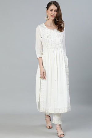 Women's Off White High Slit Kurta With Trouser