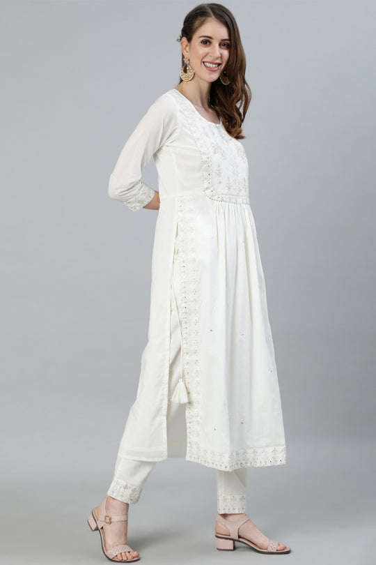 Women's Off White High Slit Kurta With Trouser