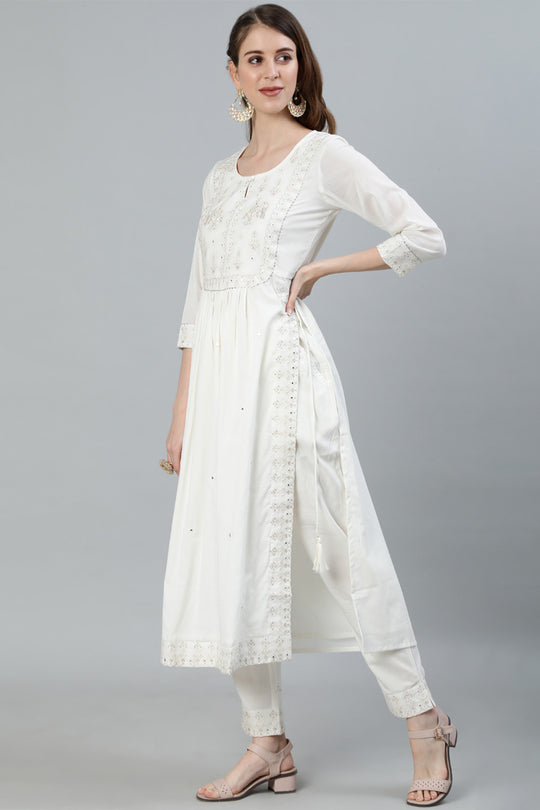 Women's Off White High Slit Kurta With Trouser