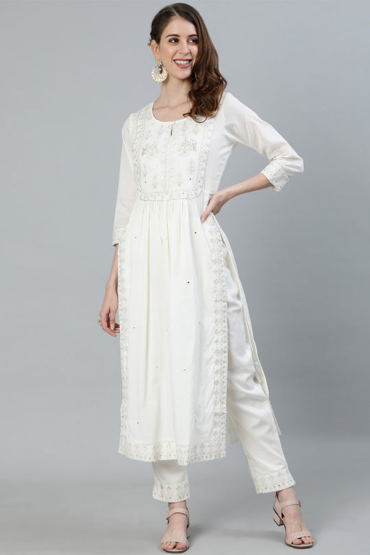 Women's Off White High Slit Kurta With Trouser