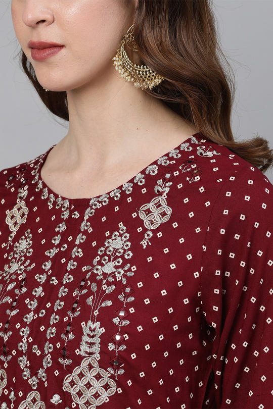 Women's Rayon Maroon Straight Kurta Skirt Dupatta Set