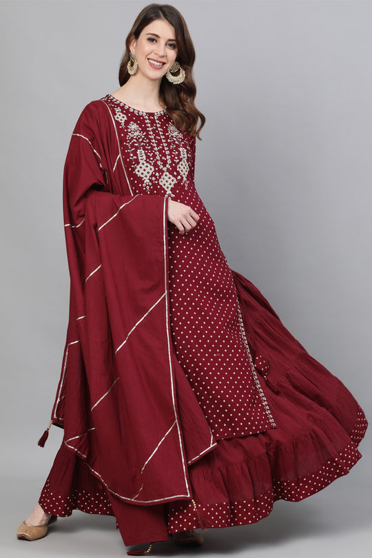 Women's Rayon Maroon Straight Kurta Skirt Dupatta Set