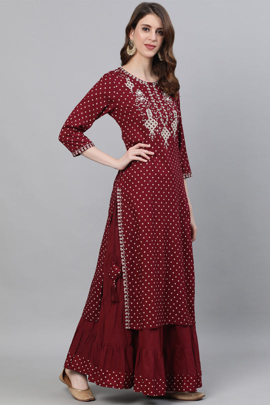 Women's Rayon Maroon Straight Kurta Skirt Dupatta Set