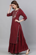 Women's Rayon Maroon Straight Kurta Skirt Dupatta Set