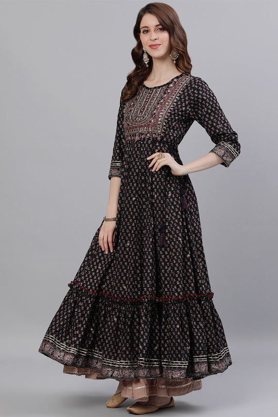 Women's Black Yoke Embellished Anarkali Kurta