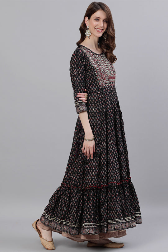 Women's Black Yoke Embellished Anarkali Kurta