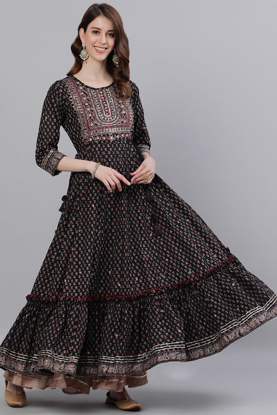 Women's Black Yoke Embellished Anarkali Kurta
