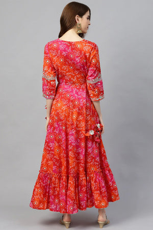 Women's Rayon Red Bandhani Anarkali Kurta