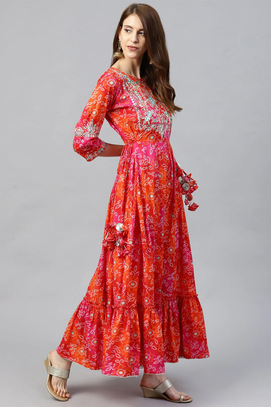 Women's Rayon Red Bandhani Anarkali Kurta