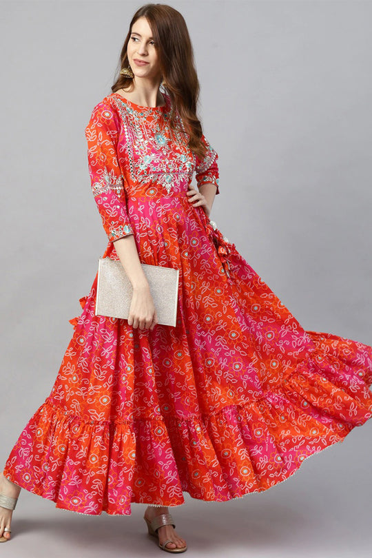 Women's Rayon Red Bandhani Anarkali Kurta