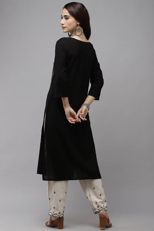 Women's Cotton Black & Off White Straight Kurta Trouser Set