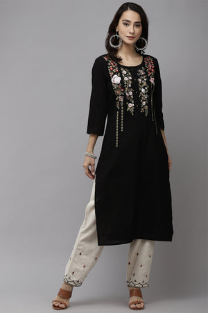 Women's Cotton Black & Off White Straight Kurta Trouser Set