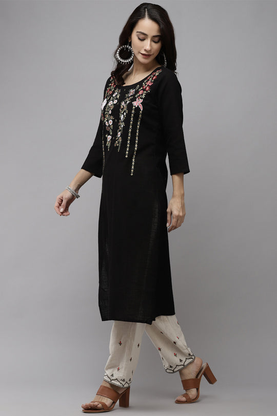 Women's Cotton Black & Off White Straight Kurta Trouser Set