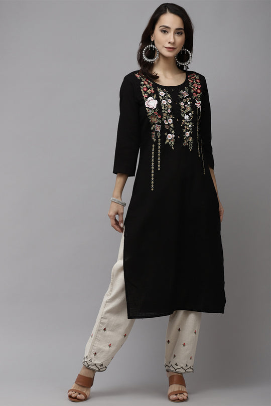 Women's Cotton Black & Off White Straight Kurta Trouser Set