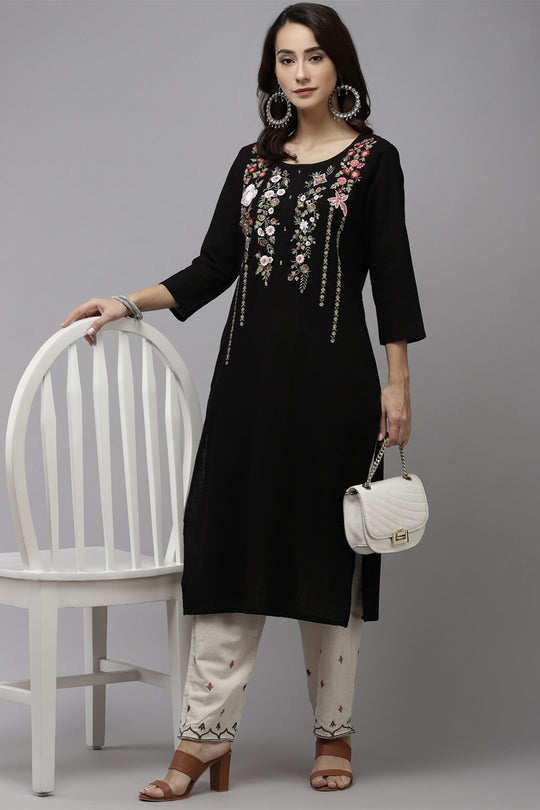 Women's Cotton Black & Off White Straight Kurta Trouser Set