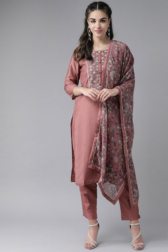 Women's Silk Blend Mauve Kurta Trouser Dupatta Set