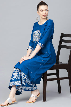 Women's Blue Viscose Rayon Printed Kurta Palazzo Set