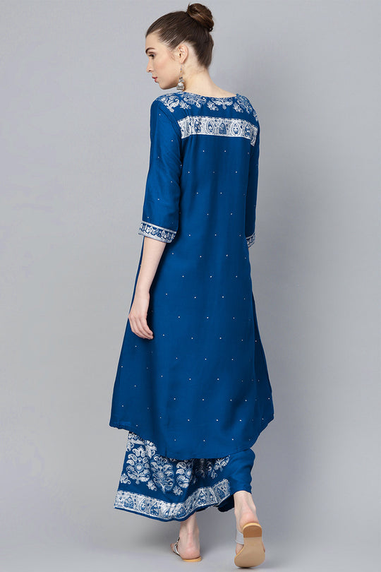 Women's Blue Viscose Rayon Printed Kurta Palazzo Set