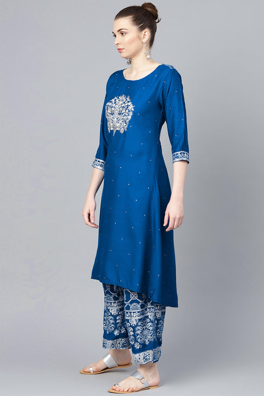 Women's Blue Viscose Rayon Printed Kurta Palazzo Set