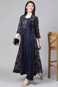 Women's Rayon Navy Blue Kurta Palazzo Set With Jacket