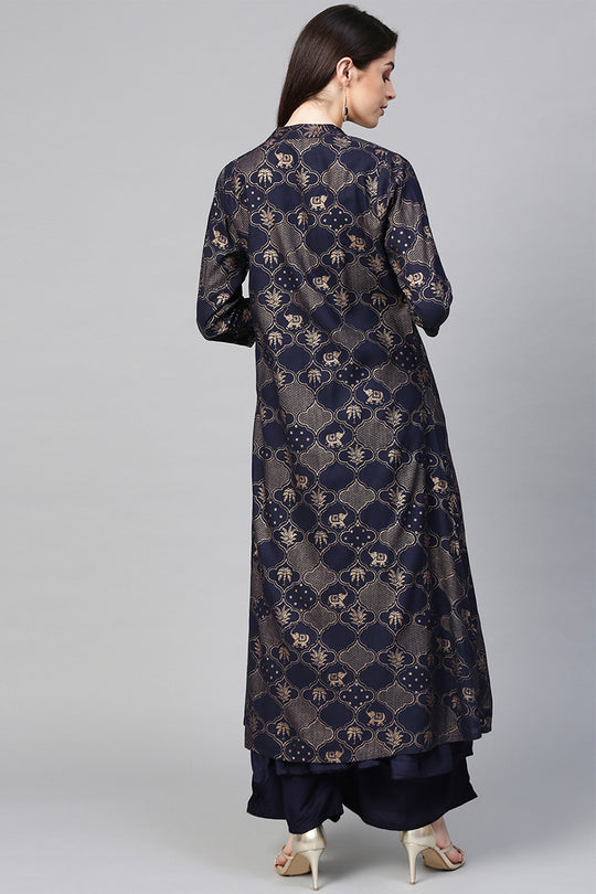 Women's Rayon Navy Blue Kurta Palazzo Set With Jacket