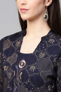 Women's Rayon Navy Blue Kurta Palazzo Set With Jacket