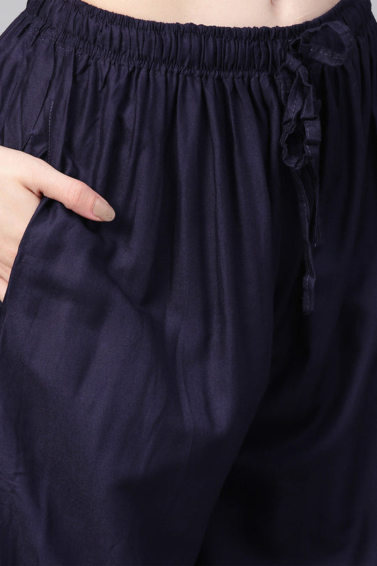 Women's Rayon Navy Blue Kurta Palazzo Set With Jacket