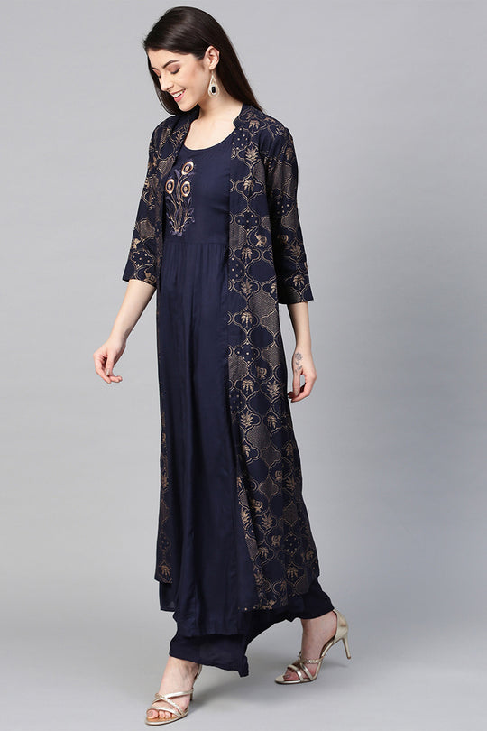 Women's Rayon Navy Blue Kurta Palazzo Set With Jacket