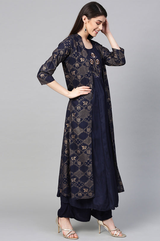 Women's Rayon Navy Blue Kurta Palazzo Set With Jacket
