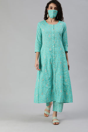 Women's Cotton Blue Printed A-Line Kurta Trouser Set