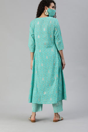 Women's Cotton Blue Printed A-Line Kurta Trouser Set