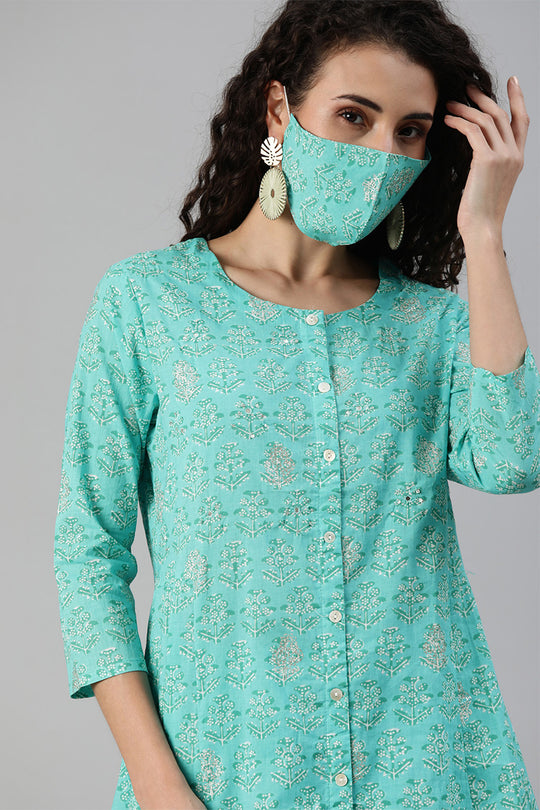 Women's Cotton Blue Printed A-Line Kurta Trouser Set