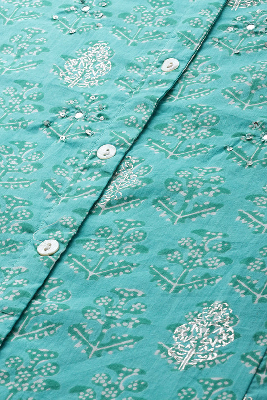 Women's Cotton Blue Printed A-Line Kurta Trouser Set