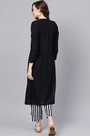 Women's Rayon Black & White Solid A-Line Kurta Palazzo Set