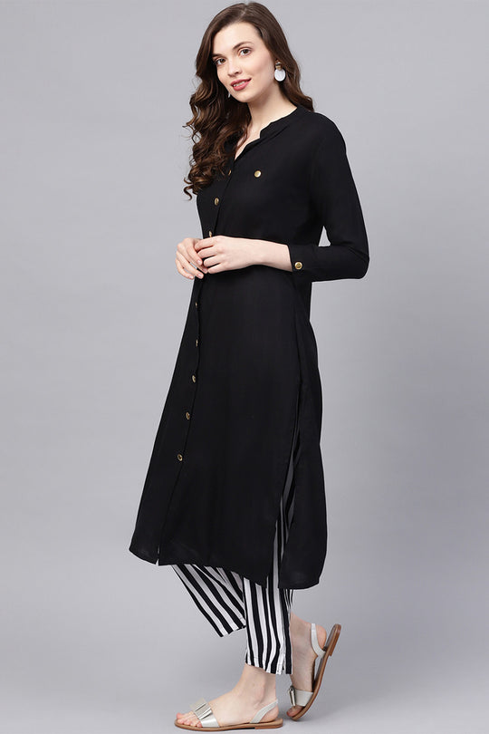 Women's Rayon Black & White Solid A-Line Kurta Palazzo Set