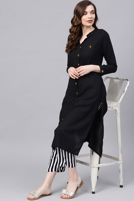 Women's Rayon Black & White Solid A-Line Kurta Palazzo Set