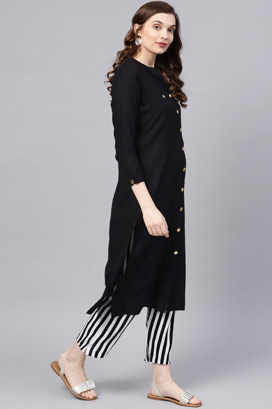 Women's Rayon Black & White Solid A-Line Kurta Palazzo Set