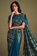 Teal Crystal Silk Saree- Sequence Embroidered