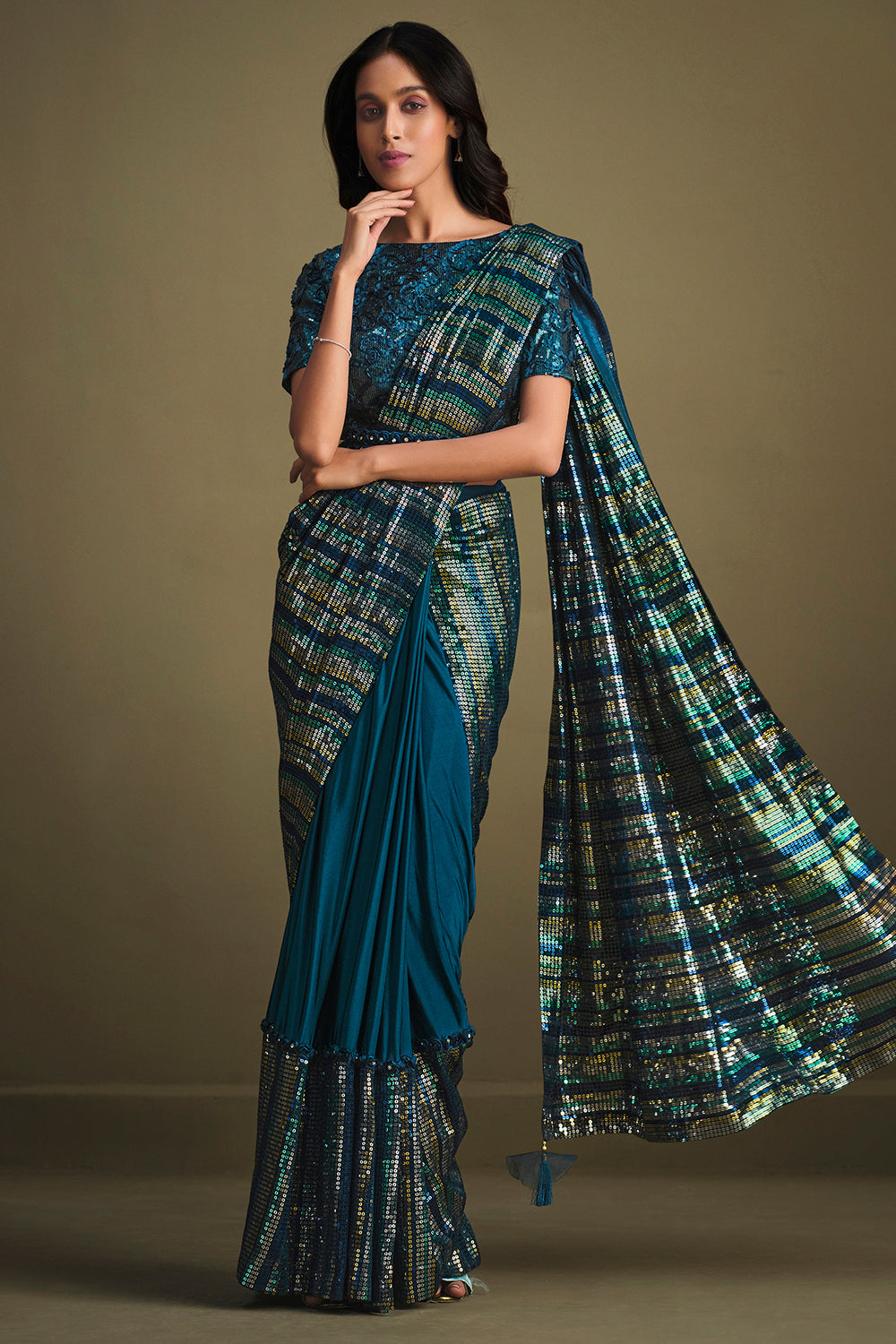 Teal Crystal Silk Saree- Sequence Embroidered