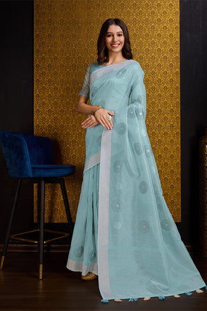 Blue Linen Blend Silk Saree With Blouse Piece