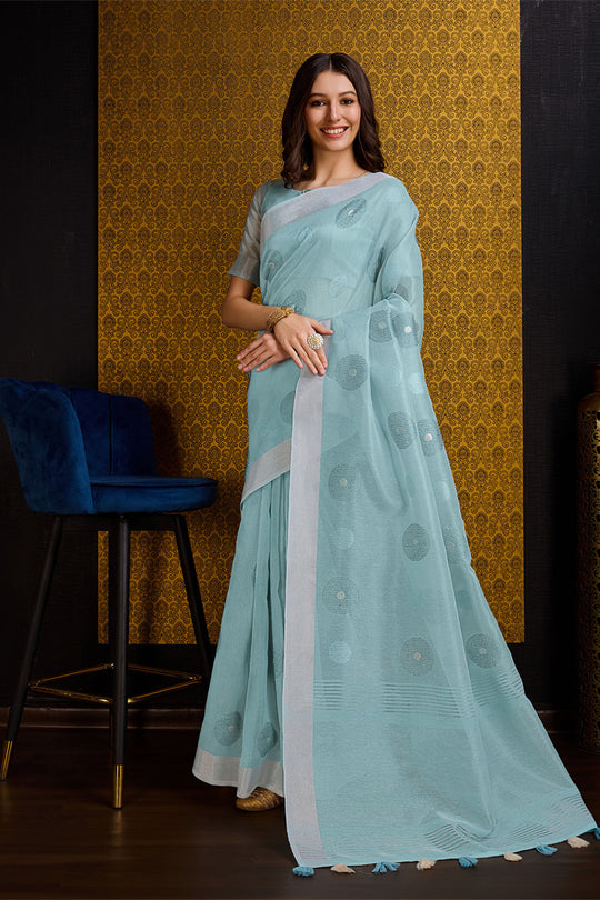 Blue Linen Blend Silk Saree With Blouse Piece