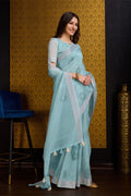 Blue Linen Blend Silk Saree With Blouse Piece
