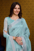 Blue Linen Blend Silk Saree With Blouse Piece