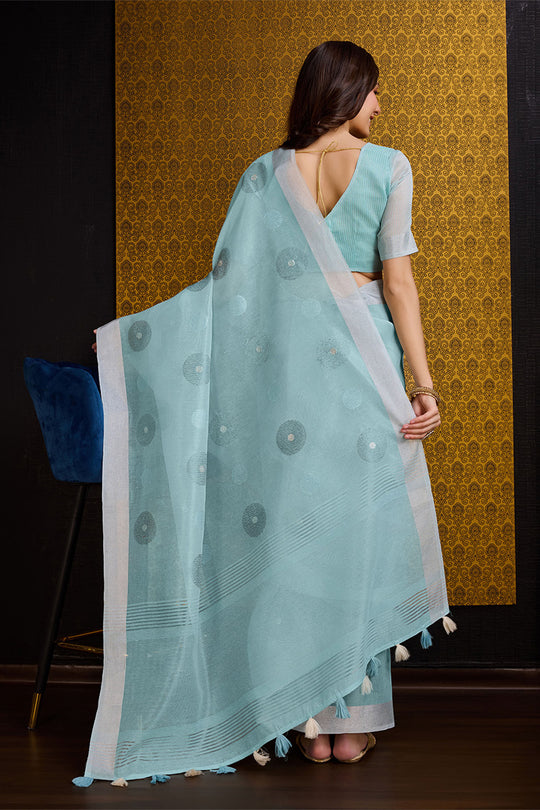 Blue Linen Blend Silk Saree With Blouse Piece