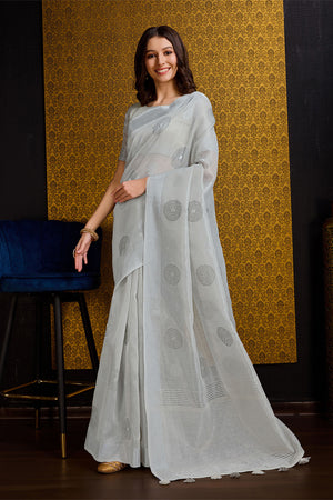Grey Linen Blend Silk Saree With Blouse Piece