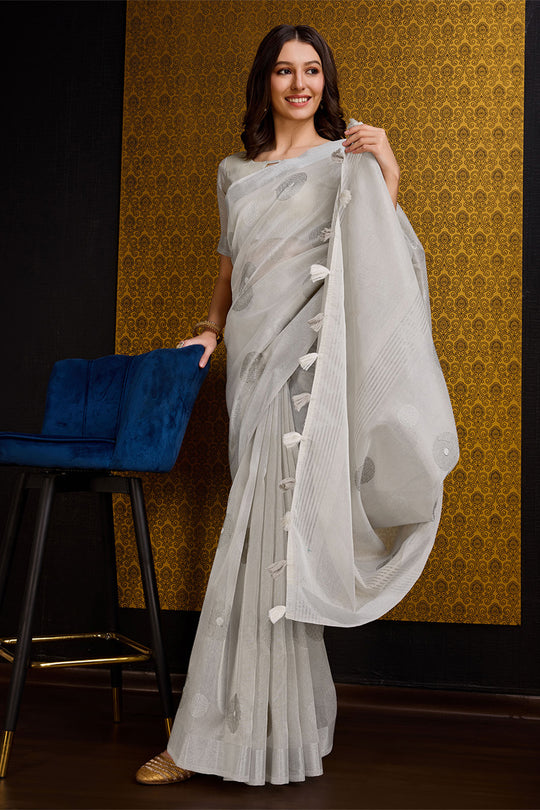 Grey Linen Blend Silk Saree With Blouse Piece