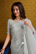 Grey Linen Blend Silk Saree With Blouse Piece